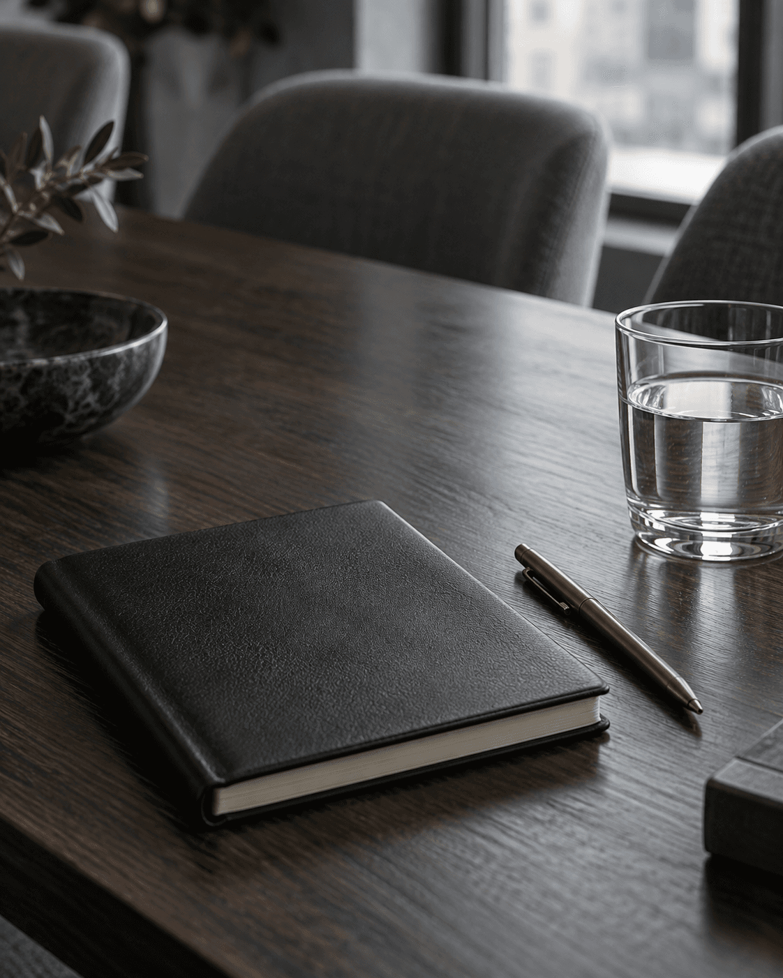 Illustrative meeting-table detail with a notebook, bronze pen, and water glass