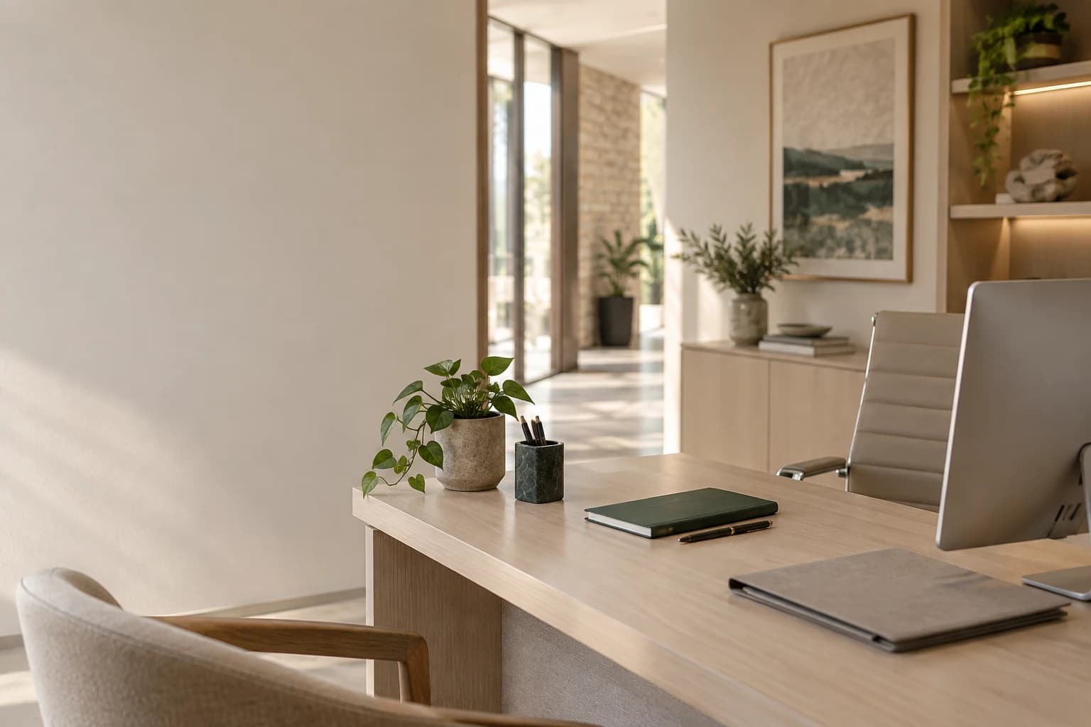 Illustrative unoccupied practice workspace with a notebook and report folder